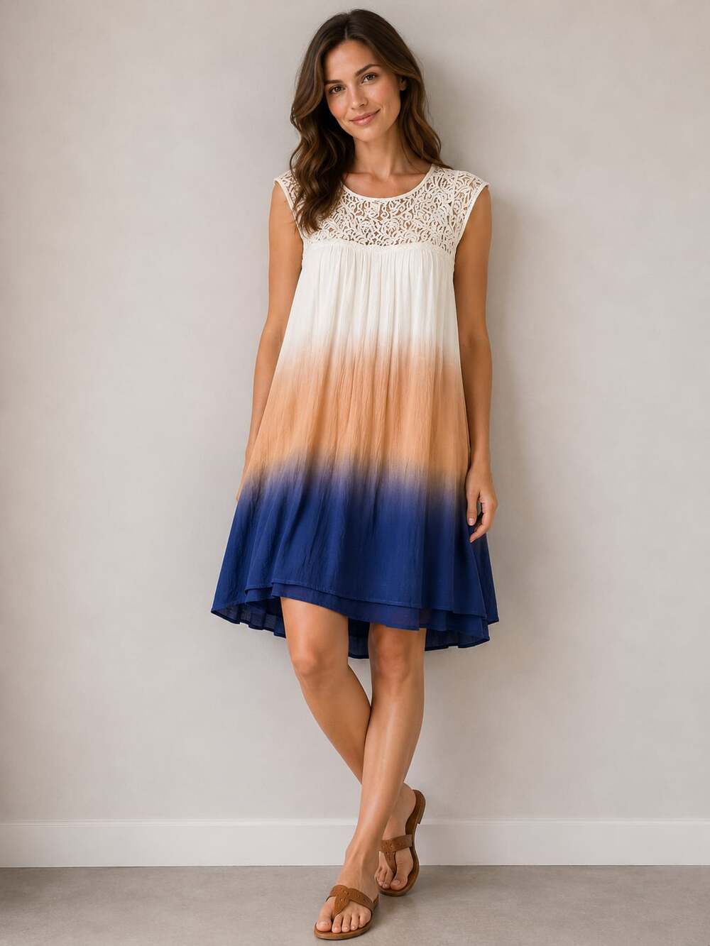 Esley Women's Sleeveless Ombre Dip-Dye Dress with Crochet Lace Neckline
M56JC